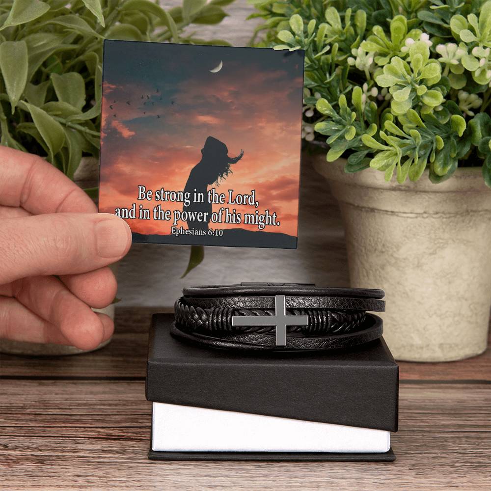 Be Strong in The Lord Ephesians 6:10 Men's Stainless Steel & Vegan Leather Cross Bracelet - Vegan Leather with Stainless Steel-Express Your Love Gifts