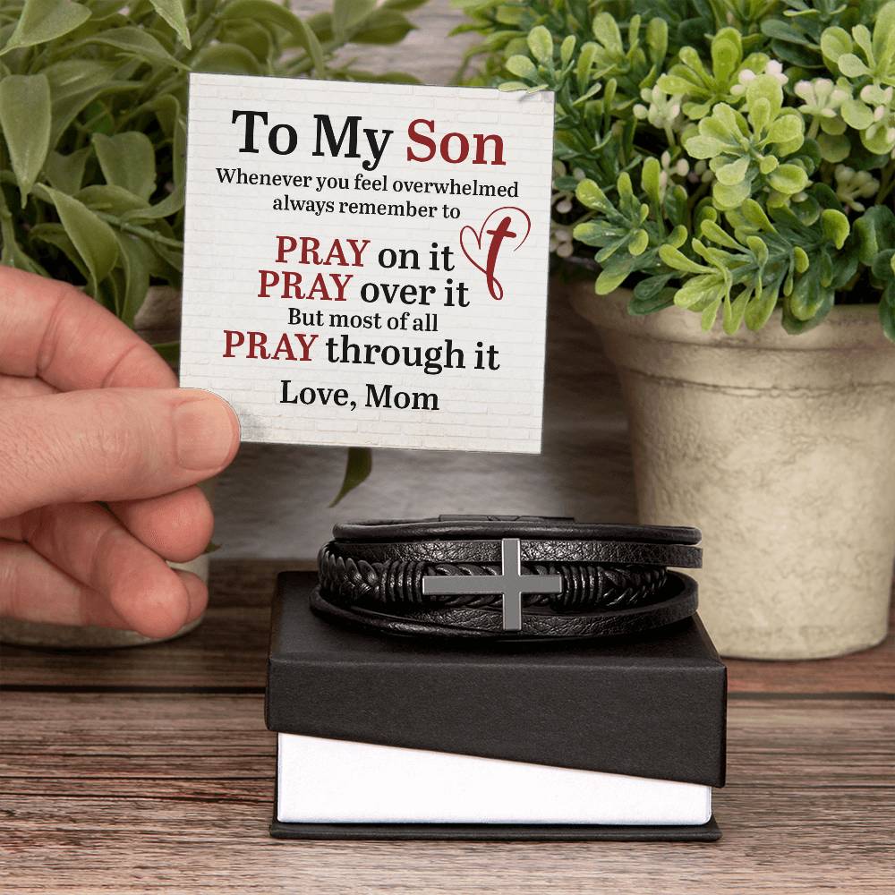 To My Son From Mom Pray on it Men's Cross Bracelet - Vegan Leather with Stainless Steel-Express Your Love Gifts