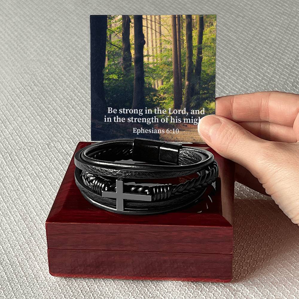 Be Strong in the Lord Ephesians 6:10 Forest Men's Stainless Steel & Vegan Leather Cross Bracelet - Vegan Leather with Stainless Steel-Express Your Love Gifts