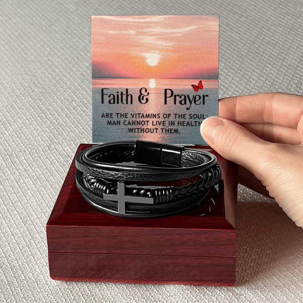 Faith & Prayer Matthew 21:22 Men's Stainless Steel & Vegan Leather Cross Bracelet - Vegan Leather with Stainless Steel-Express Your Love Gifts