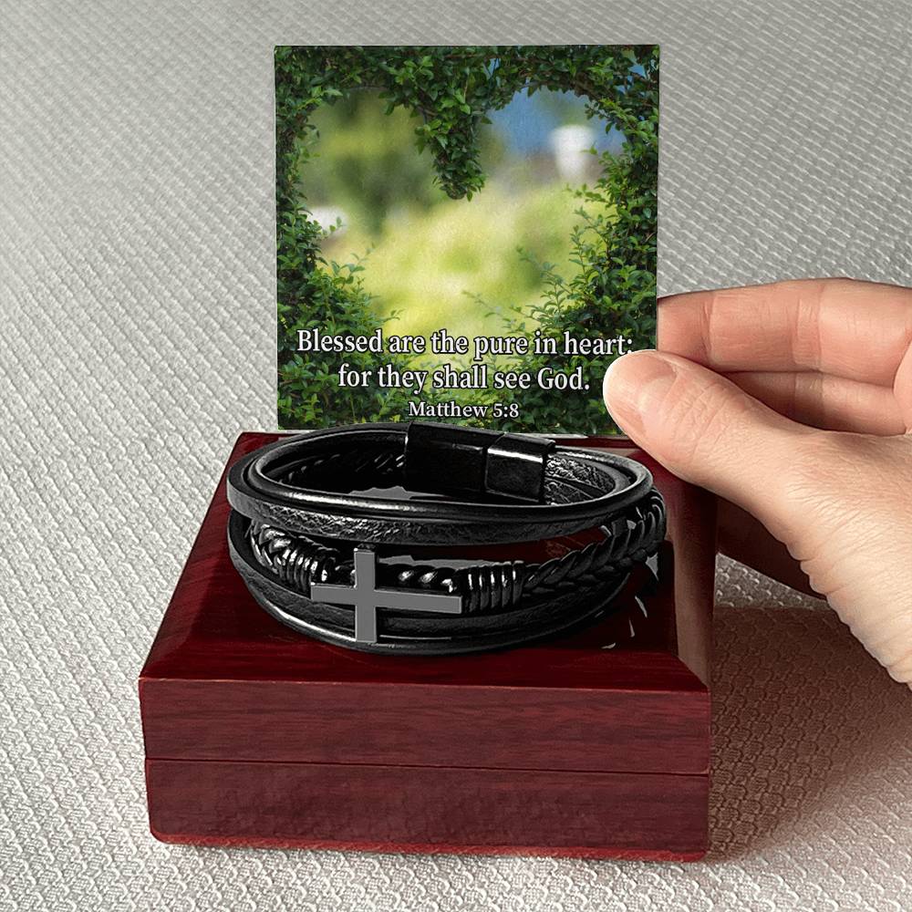 Blessed Pure in Heart Matthew 5:8 Men's Stainless Steel & Vegan Leather Cross Bracelet - Vegan Leather with Stainless Steel-Express Your Love Gifts