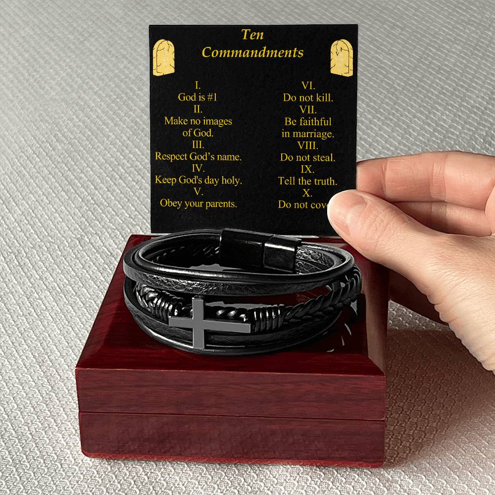 Ten Commandments Men's Stainless Steel & Vegan Leather Cross Bracelet - Vegan Leather with Stainless Steel-Express Your Love Gifts