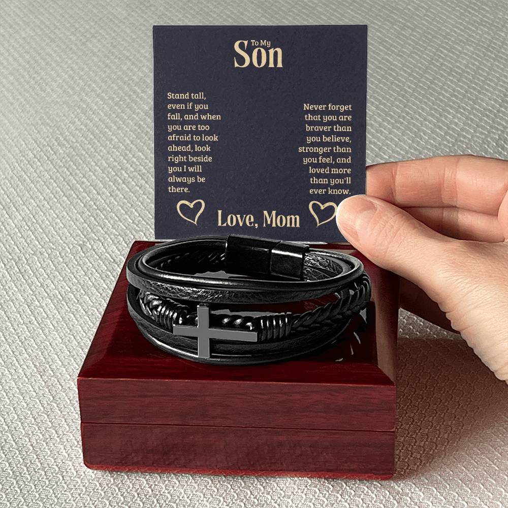 To My Son Stand Tall From Mom Men's Cross Bracelet - Vegan Leather with Stainless Steel-Express Your Love Gifts
