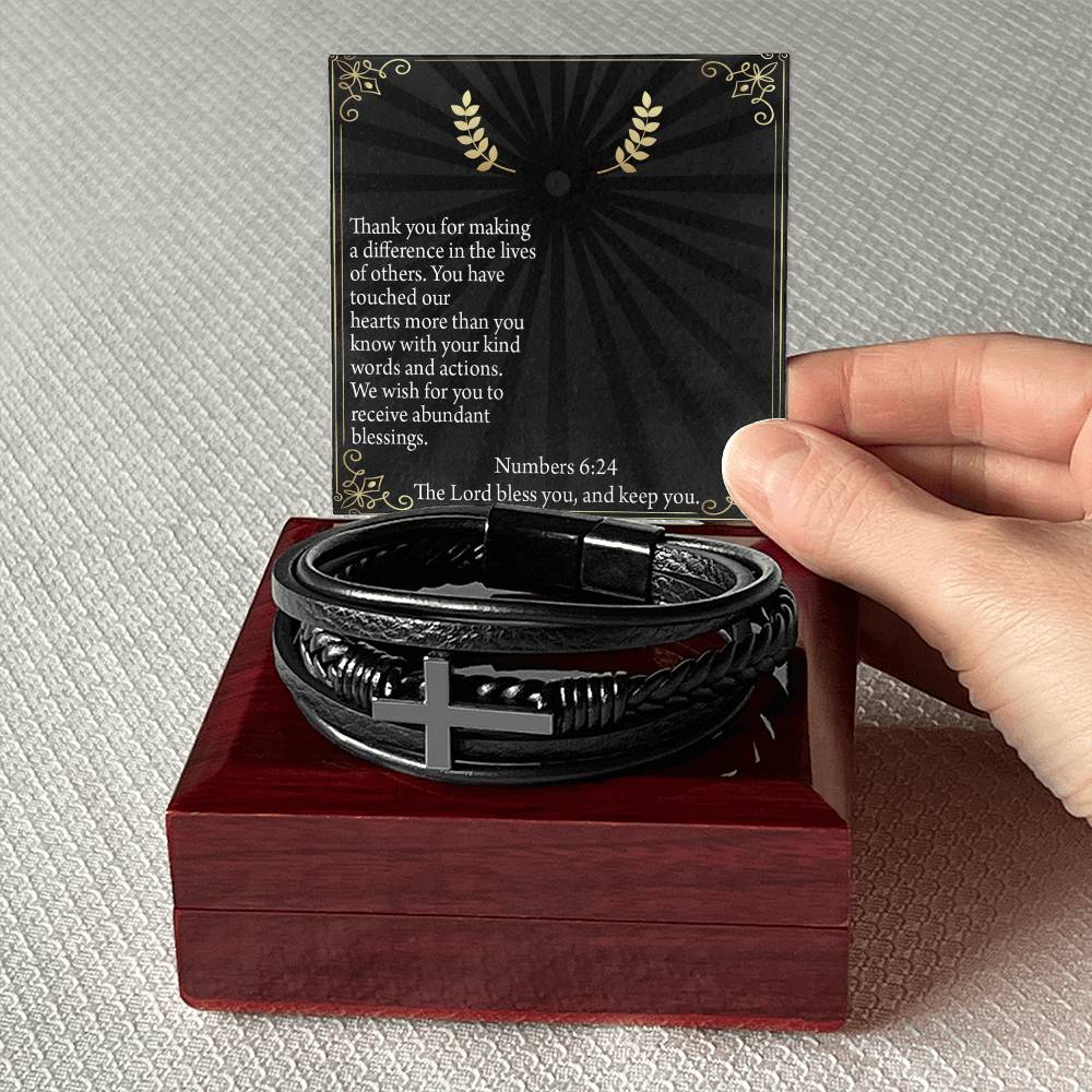 Blessed are The Servant Numbers 6:24 Men's Stainless Steel & Vegan Leather Cross Bracelet - Vegan Leather with Stainless Steel-Express Your Love Gifts