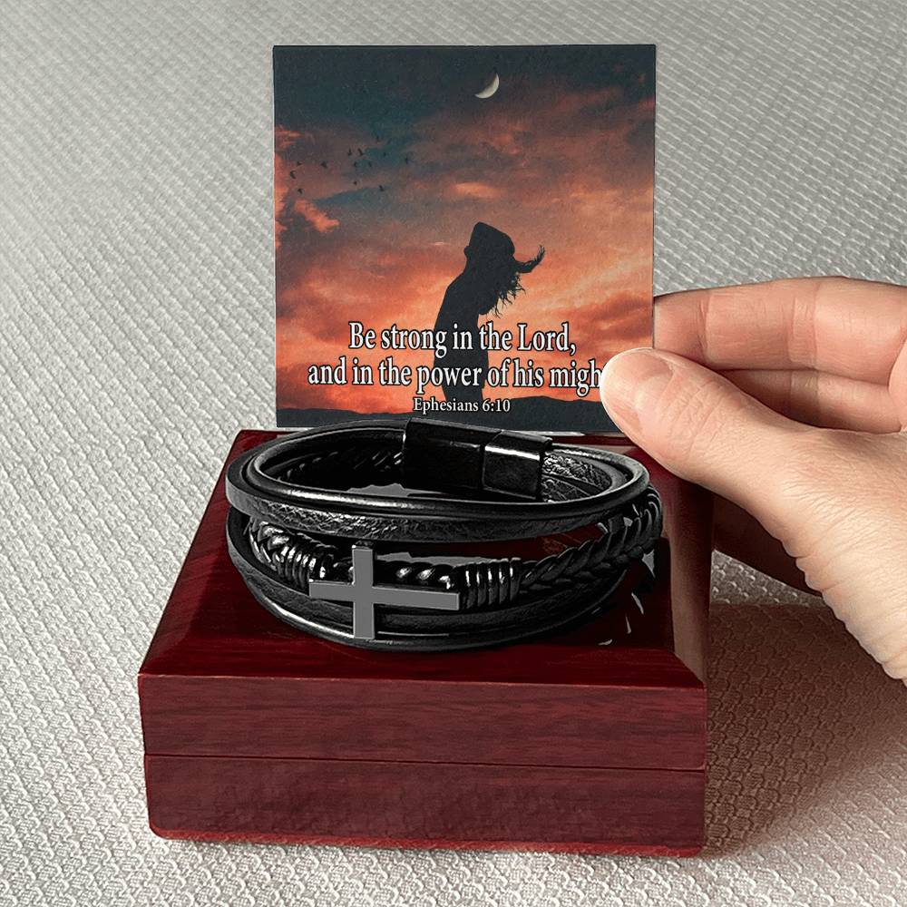 Be Strong in The Lord Ephesians 6:10 Men's Stainless Steel & Vegan Leather Cross Bracelet - Vegan Leather with Stainless Steel-Express Your Love Gifts