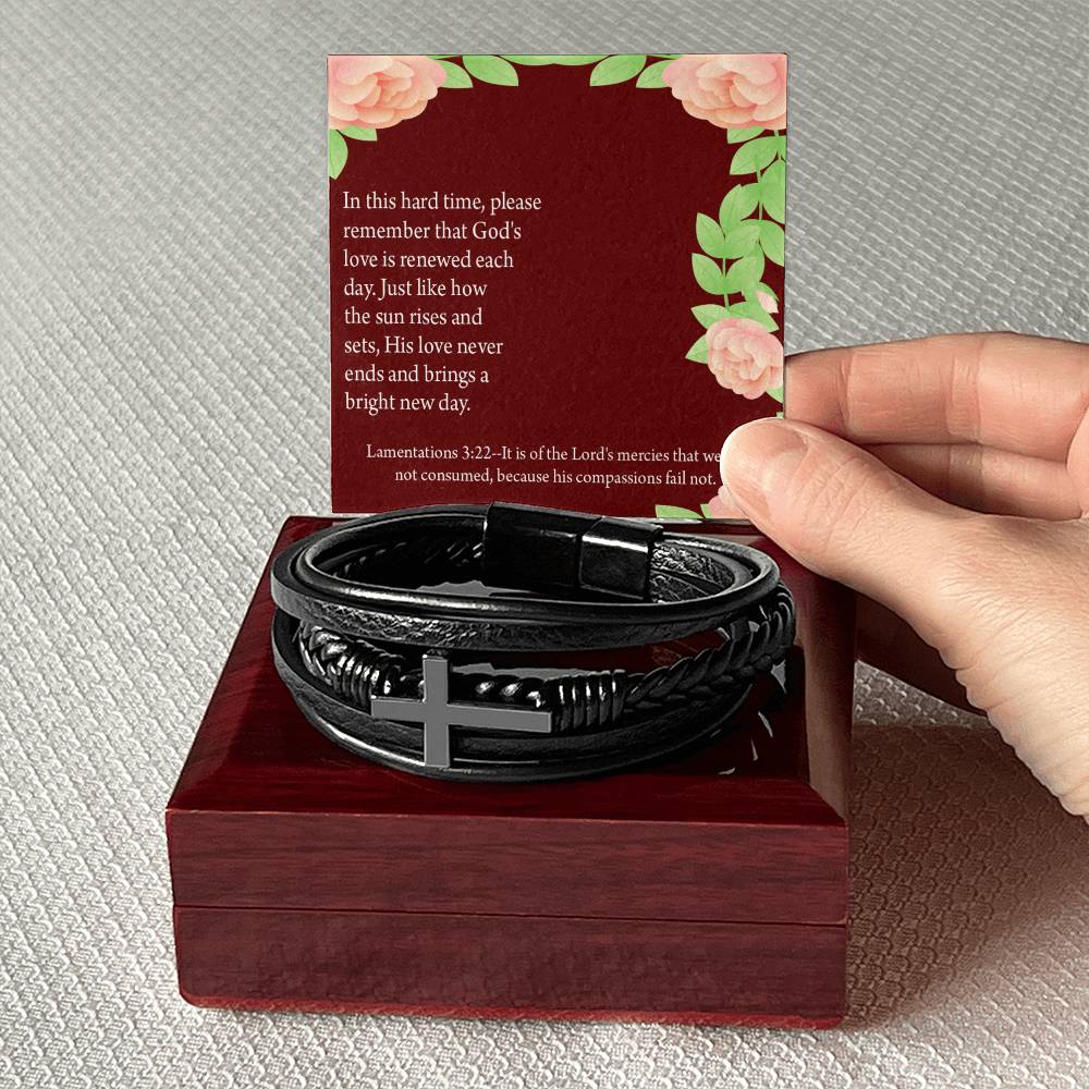 Get Well Surrounded in Prayer Lamentations 3:22 Men's Stainless Steel & Vegan Leather Cross Bracelet - Vegan Leather with Stainless Steel-Express Your Love Gifts