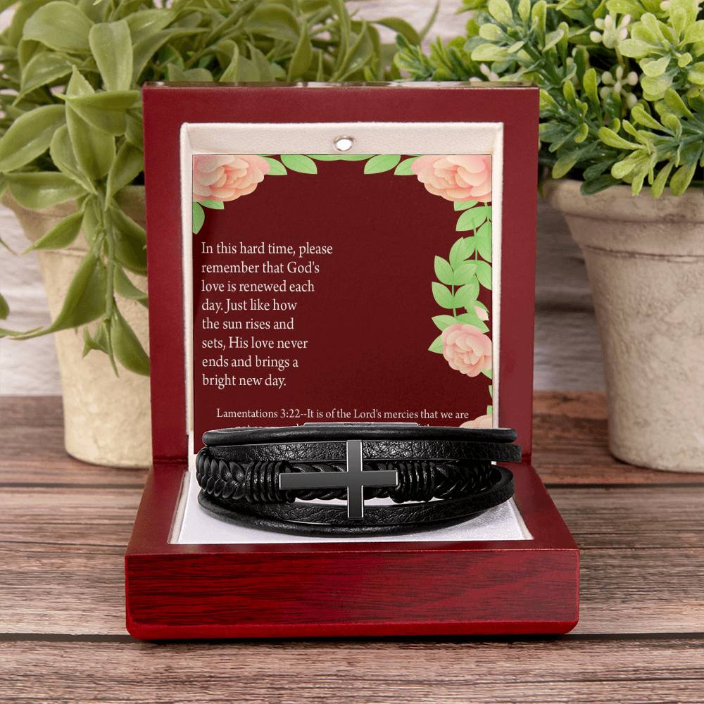 Get Well Surrounded in Prayer Lamentations 3:22 Men's Stainless Steel & Vegan Leather Cross Bracelet - Vegan Leather with Stainless Steel-Express Your Love Gifts