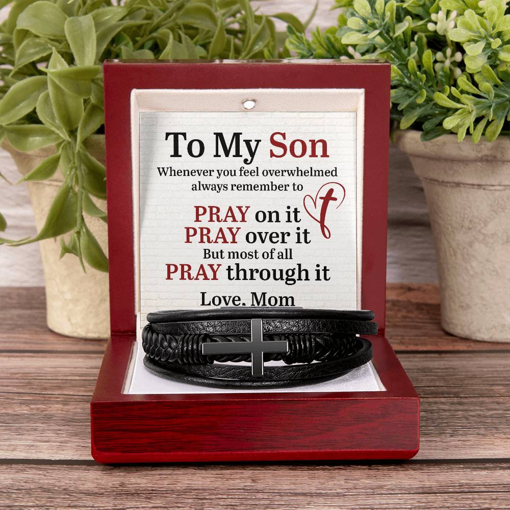 To My Son From Mom Pray on it Men's Cross Bracelet - Vegan Leather with Stainless Steel-Express Your Love Gifts