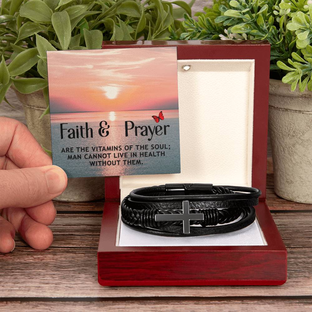 Faith & Prayer Matthew 21:22 Men's Stainless Steel & Vegan Leather Cross Bracelet - Vegan Leather with Stainless Steel-Express Your Love Gifts