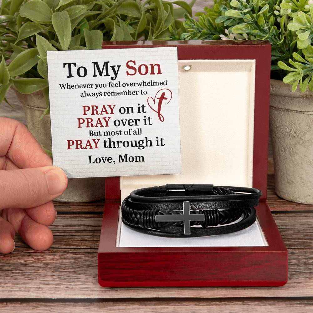 To My Son From Mom Pray on it Men's Cross Bracelet - Vegan Leather with Stainless Steel-Express Your Love Gifts