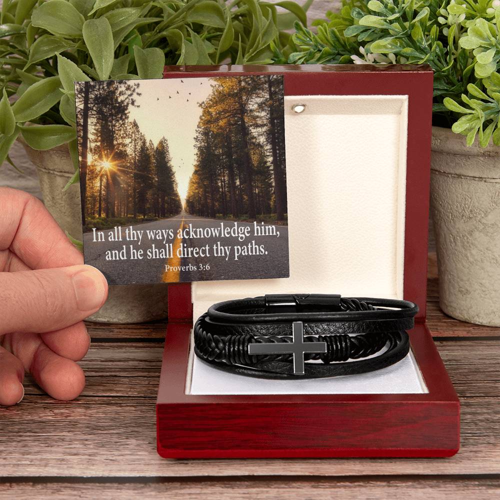 Acknowledge Him Proverbs 3:6 Men's Stainless Steel & Vegan Leather Cross Bracelet - Vegan Leather with Stainless Steel-Express Your Love Gifts