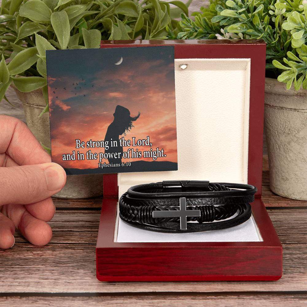 Be Strong in The Lord Ephesians 6:10 Men's Stainless Steel & Vegan Leather Cross Bracelet - Vegan Leather with Stainless Steel-Express Your Love Gifts