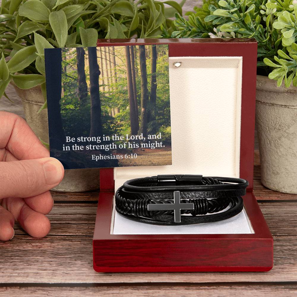 Be Strong in the Lord Ephesians 6:10 Forest Men's Stainless Steel & Vegan Leather Cross Bracelet - Vegan Leather with Stainless Steel-Express Your Love Gifts