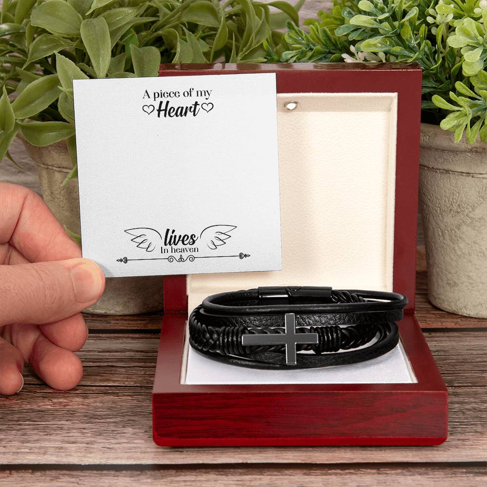 A Piece of my Heart Lives in Heaven Men's Cross Bracelet - Vegan Leather with Stainless Steel-Express Your Love Gifts