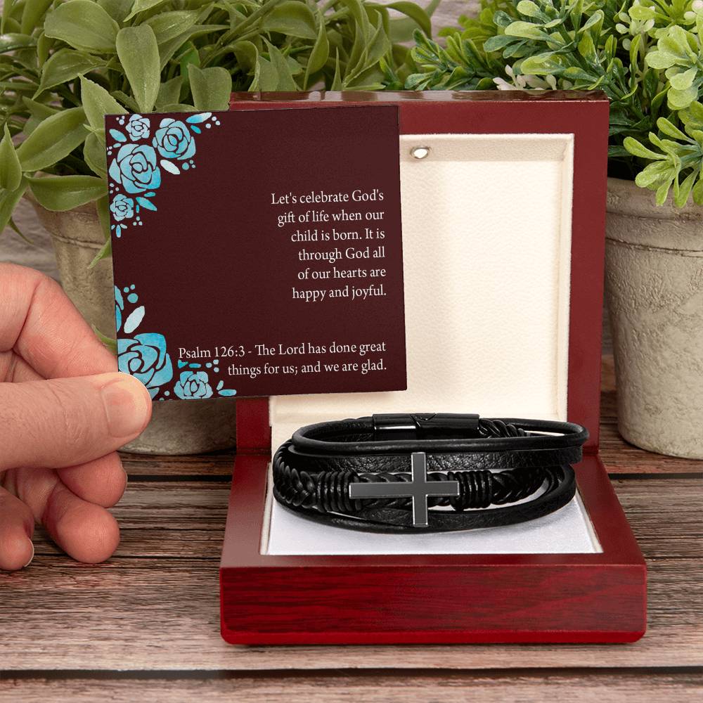 Baby Girl is God's Gift Psalm 126:3 Men's Stainless Steel & Vegan Leather Cross Bracelet - Vegan Leather with Stainless Steel-Express Your Love Gifts