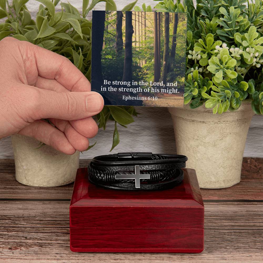 Be Strong in the Lord Ephesians 6:10 Forest Men's Stainless Steel & Vegan Leather Cross Bracelet - Vegan Leather with Stainless Steel-Express Your Love Gifts