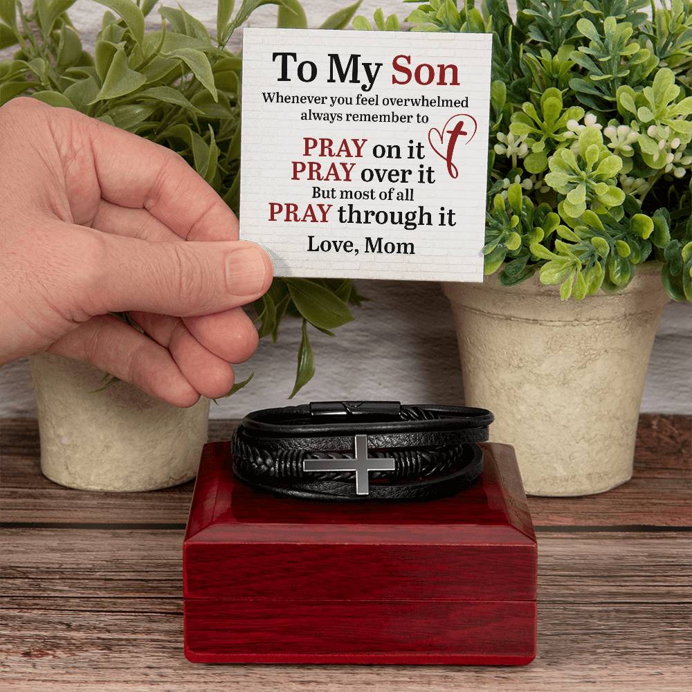 To My Son From Mom Pray on it Men's Cross Bracelet - Vegan Leather with Stainless Steel-Express Your Love Gifts