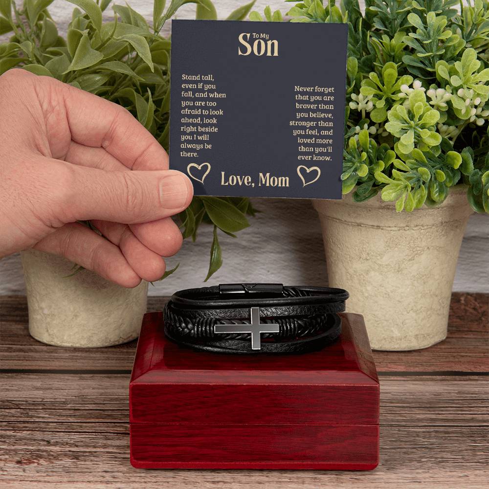 To My Son Stand Tall From Mom Men's Cross Bracelet - Vegan Leather with Stainless Steel-Express Your Love Gifts