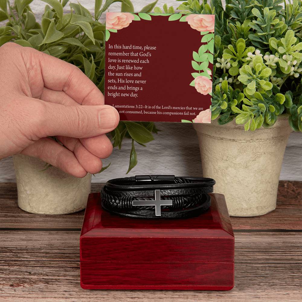 Get Well Surrounded in Prayer Lamentations 3:22 Men's Stainless Steel & Vegan Leather Cross Bracelet - Vegan Leather with Stainless Steel-Express Your Love Gifts