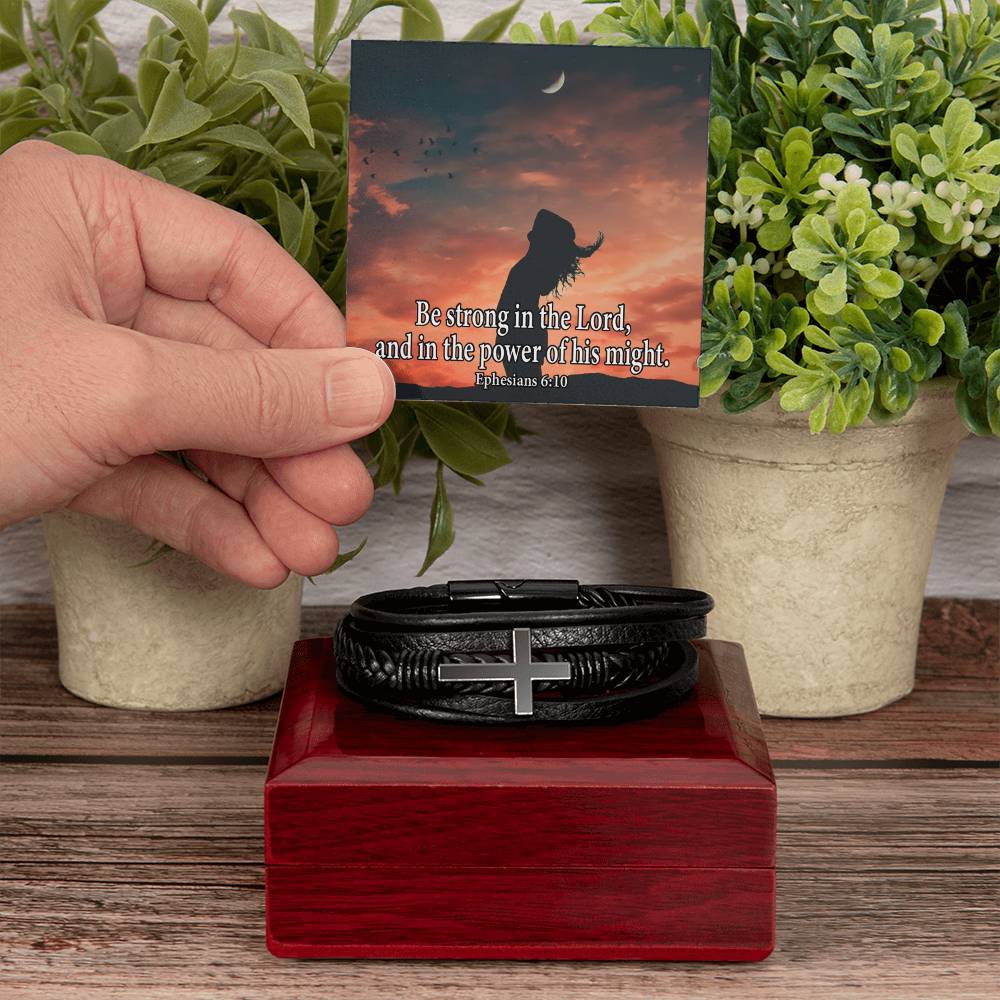 Be Strong in The Lord Ephesians 6:10 Men's Stainless Steel & Vegan Leather Cross Bracelet - Vegan Leather with Stainless Steel-Express Your Love Gifts