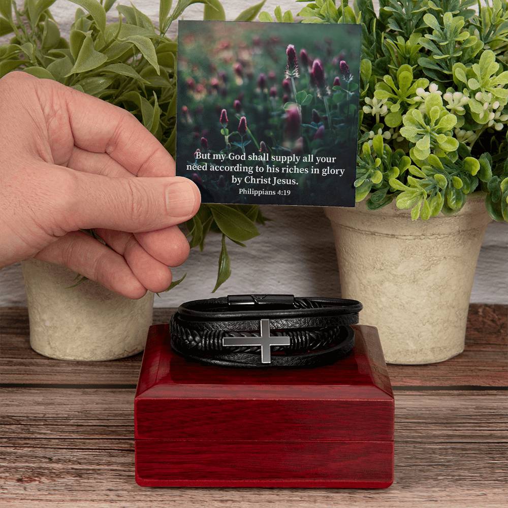 All You Need Faith Philippians 4:19 Men's Stainless Steel & Vegan Leather Cross Bracelet - Vegan Leather with Stainless Steel-Express Your Love Gifts