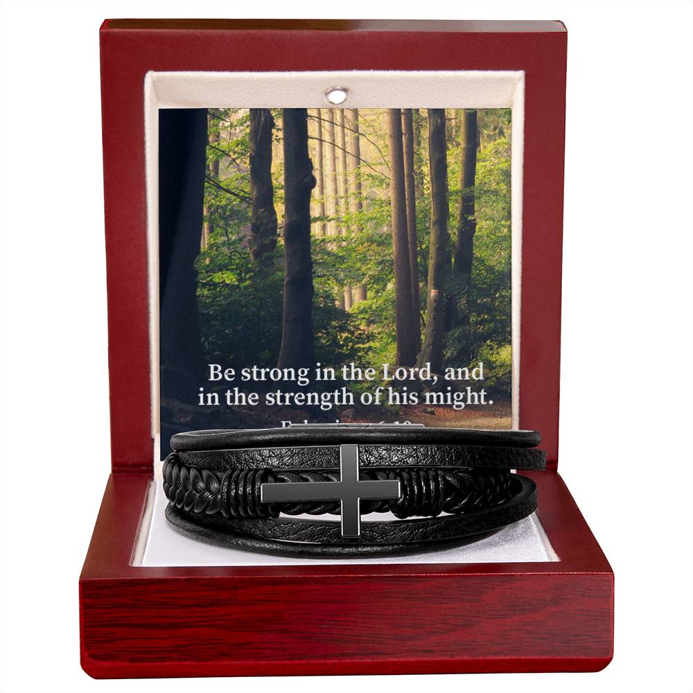 Be Strong in the Lord Ephesians 6:10 Forest Men's Stainless Steel & Vegan Leather Cross Bracelet - Vegan Leather with Stainless Steel-Express Your Love Gifts