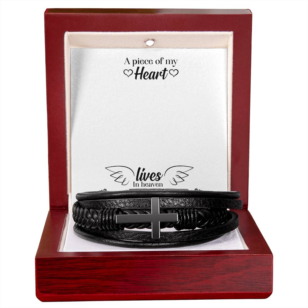 A Piece of my Heart Lives in Heaven Men's Cross Bracelet - Vegan Leather with Stainless Steel-Express Your Love Gifts