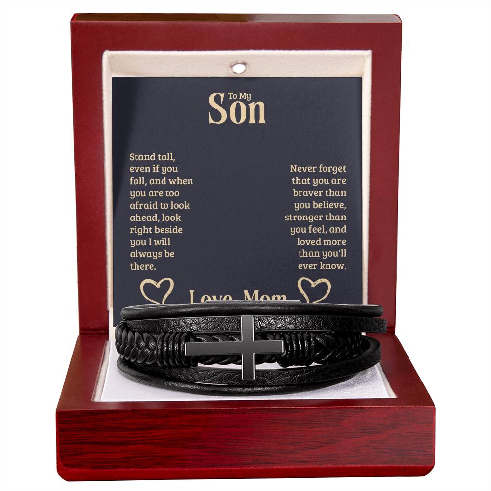 To My Son Stand Tall From Mom Men's Cross Bracelet - Vegan Leather with Stainless Steel-Express Your Love Gifts