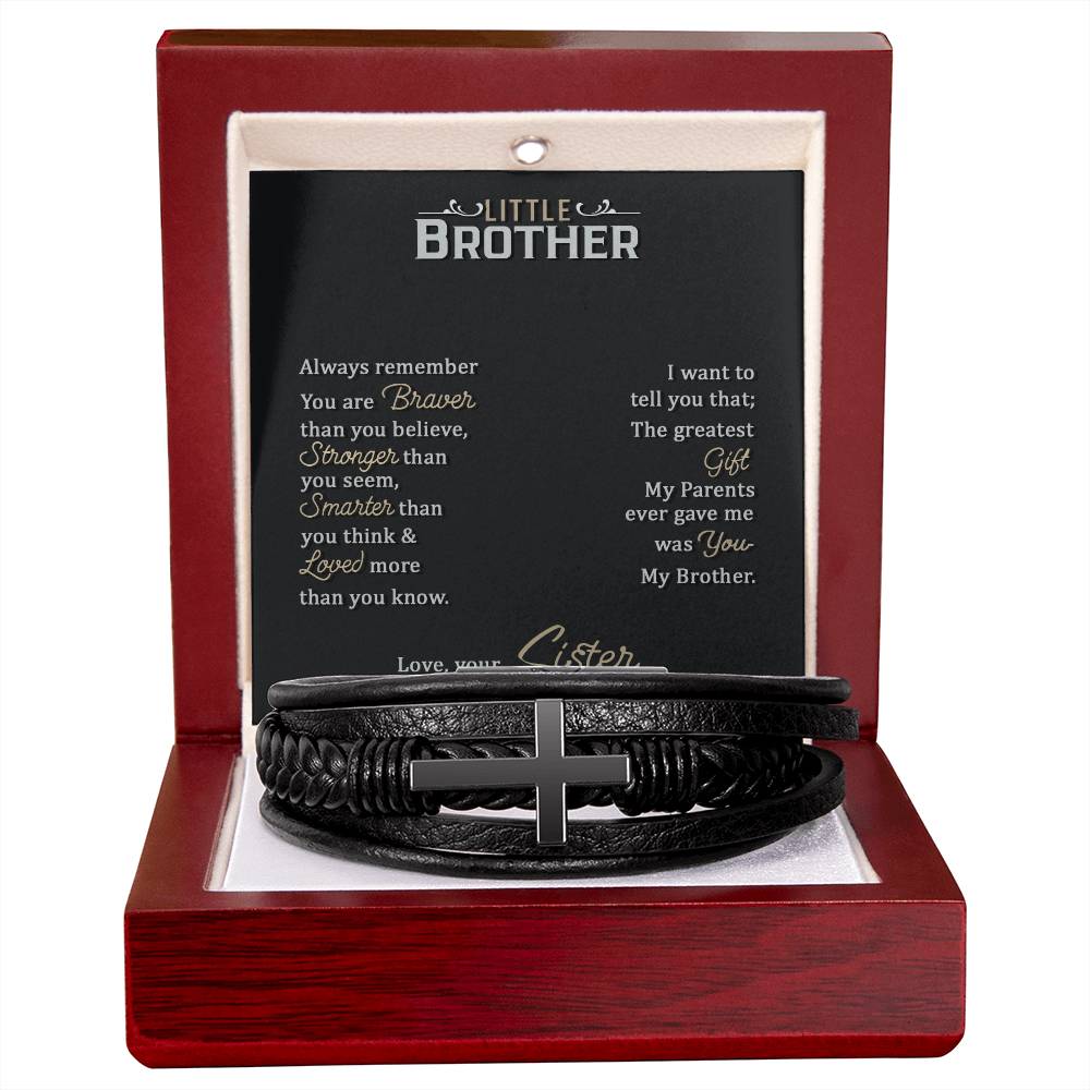 To My Little Brother Love Your Lord With All Your Strength Men's Cross Bracelet - Vegan Leather with Stainless Steel-Express Your Love Gifts
