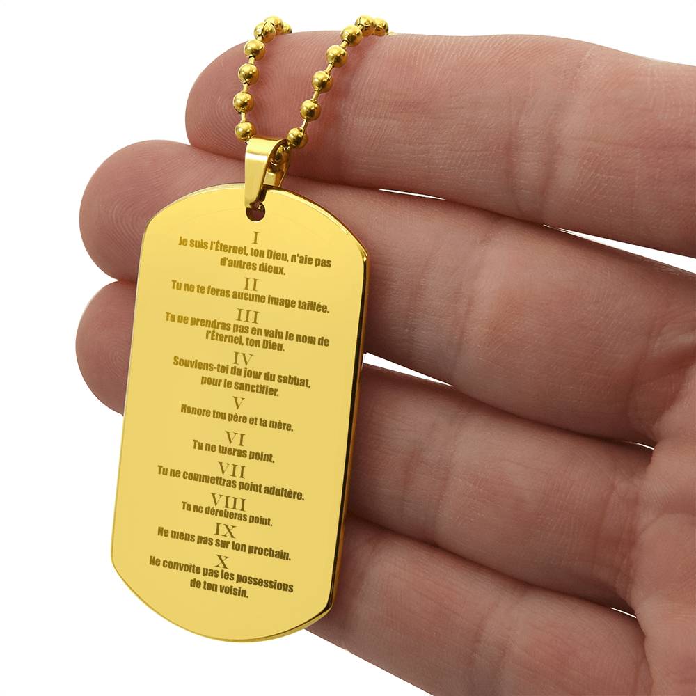 Ten Commandments French Dix Commandements Engraved Dog Tag Necklace Stainless Steel or 18k Gold w 24" Chain-Express Your Love Gifts