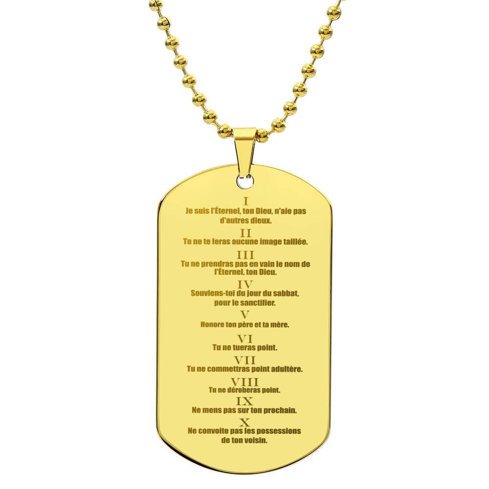 Ten Commandments French Dix Commandements Engraved Dog Tag Necklace Stainless Steel or 18k Gold w 24" Chain-Express Your Love Gifts