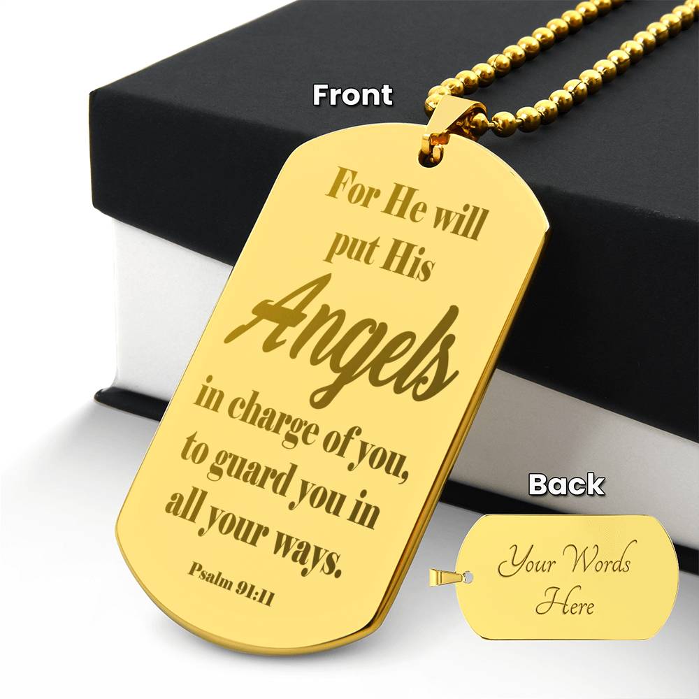 Angels Protect Psalm 91.11 Engraved Dog Tag Necklace Stainless Steel or 18k Gold w 24" Chain-Express Your Love Gifts