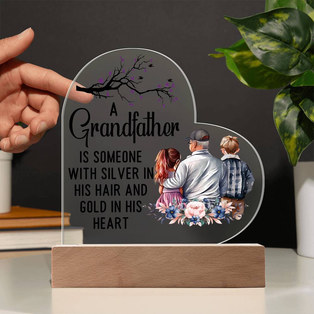 A Grandfather With a Silver Printed Heart Shaped Acrylic Plaque-Express Your Love Gifts