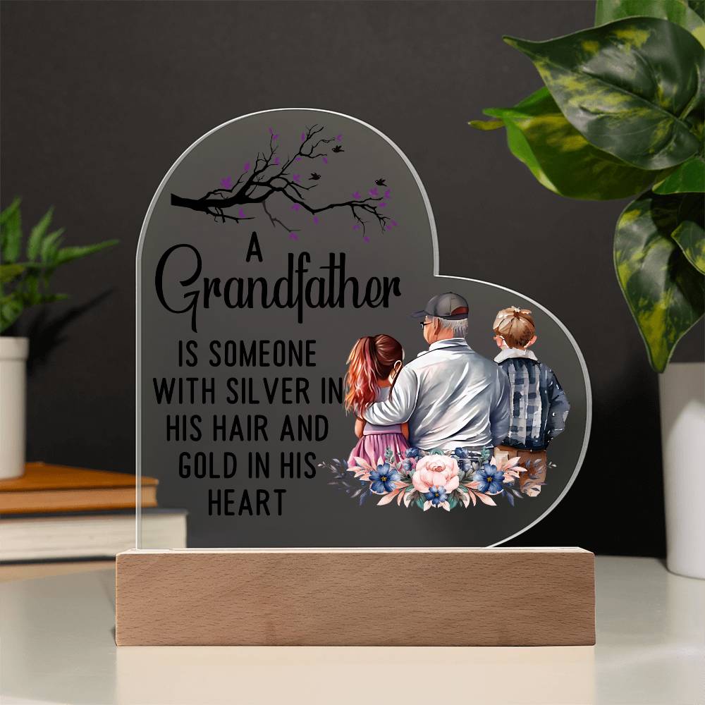 A Grandfather With a Silver Printed Heart Shaped Acrylic Plaque-Express Your Love Gifts