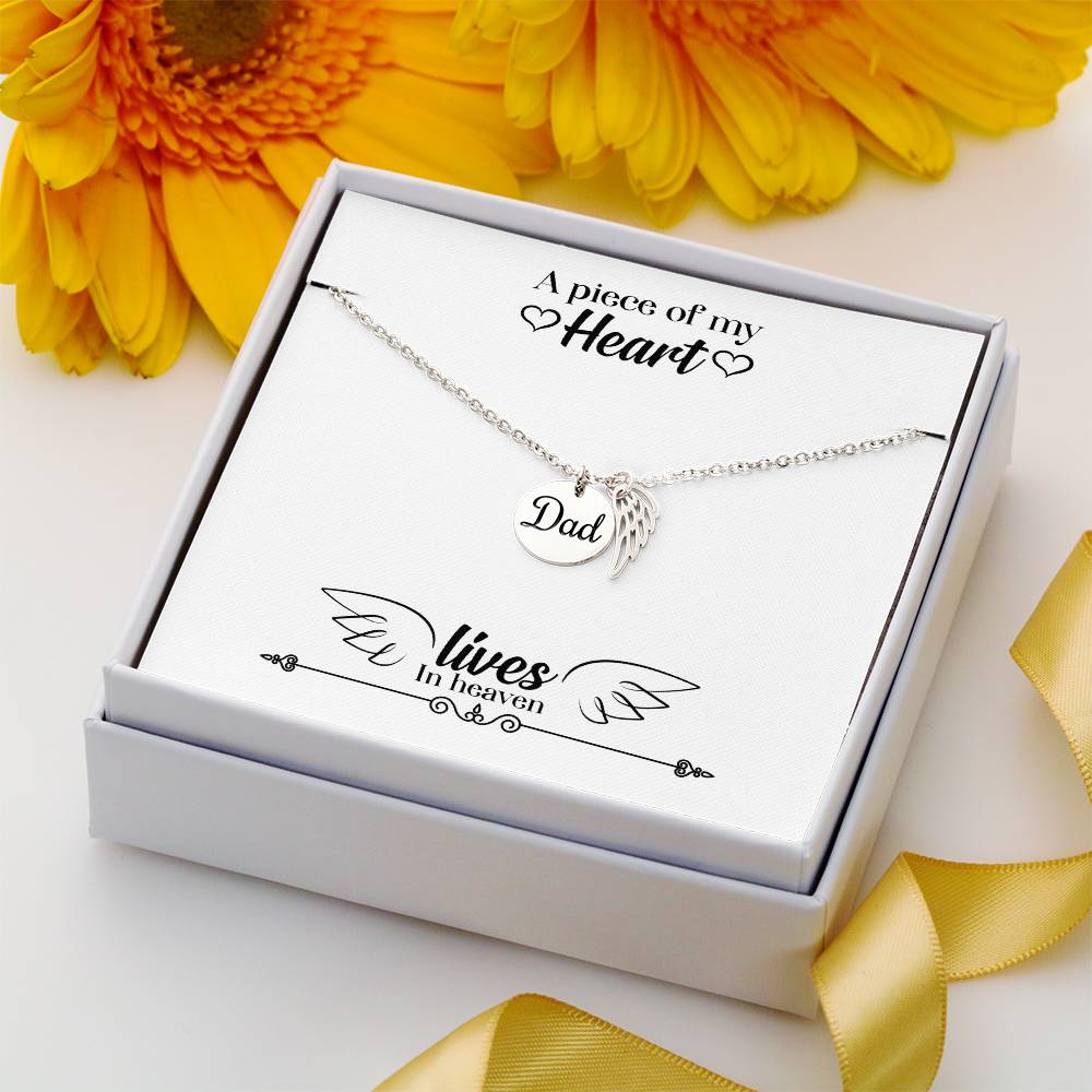 A Piece of My Heart Lives in Heaven Remembrance Necklace for Dad Angel Wing Charm Stainless Steel or 18k Gold Finish-Express Your Love Gifts