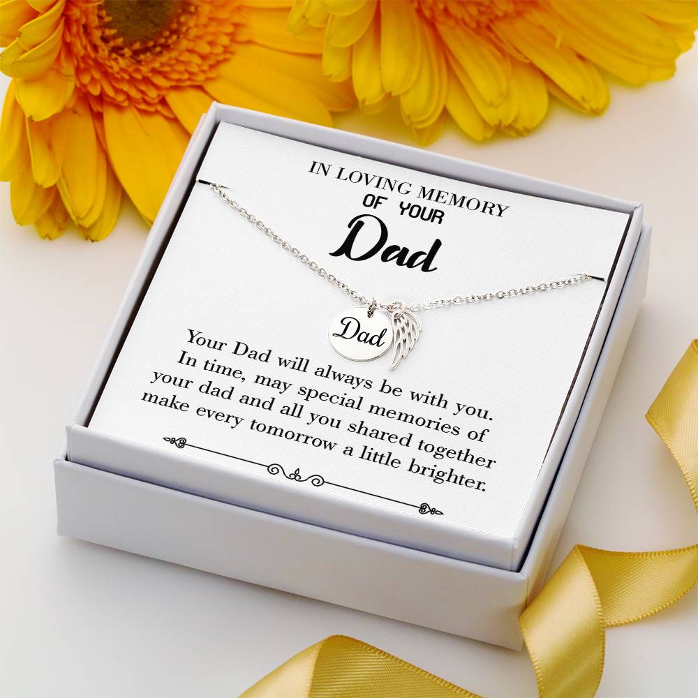 Always Be With You Remembrance Necklace for Dad Angel Wing Charm Stainless Steel or 18k Gold Finish-Express Your Love Gifts