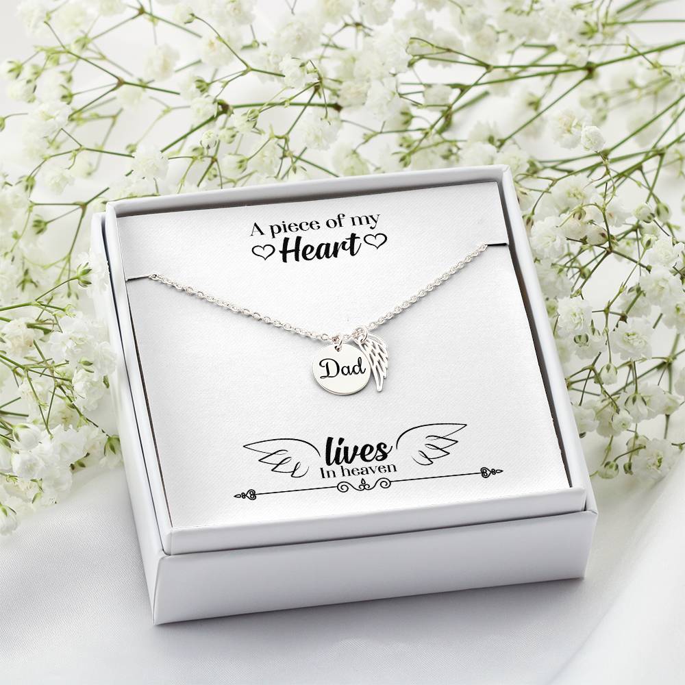 A Piece of My Heart Lives in Heaven Remembrance Necklace for Dad Angel Wing Charm Stainless Steel or 18k Gold Finish-Express Your Love Gifts