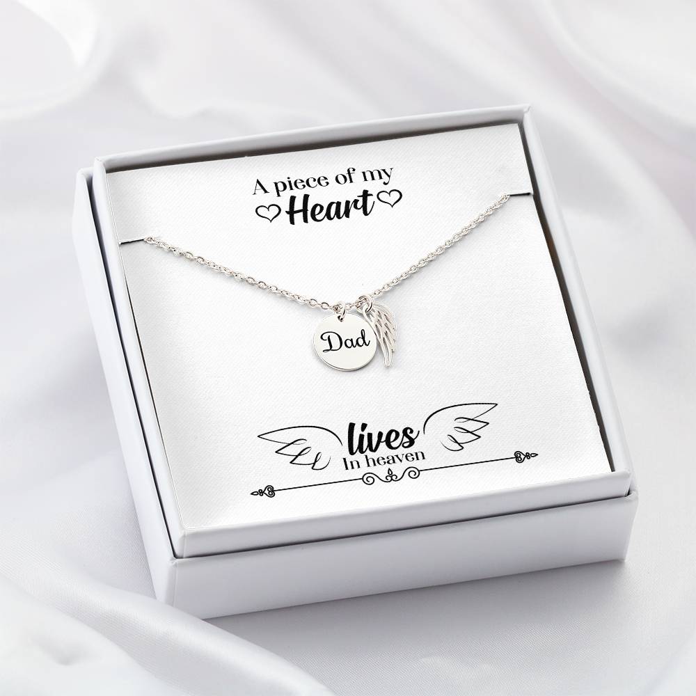 A Piece of My Heart Lives in Heaven Remembrance Necklace for Dad Angel Wing Charm Stainless Steel or 18k Gold Finish-Express Your Love Gifts