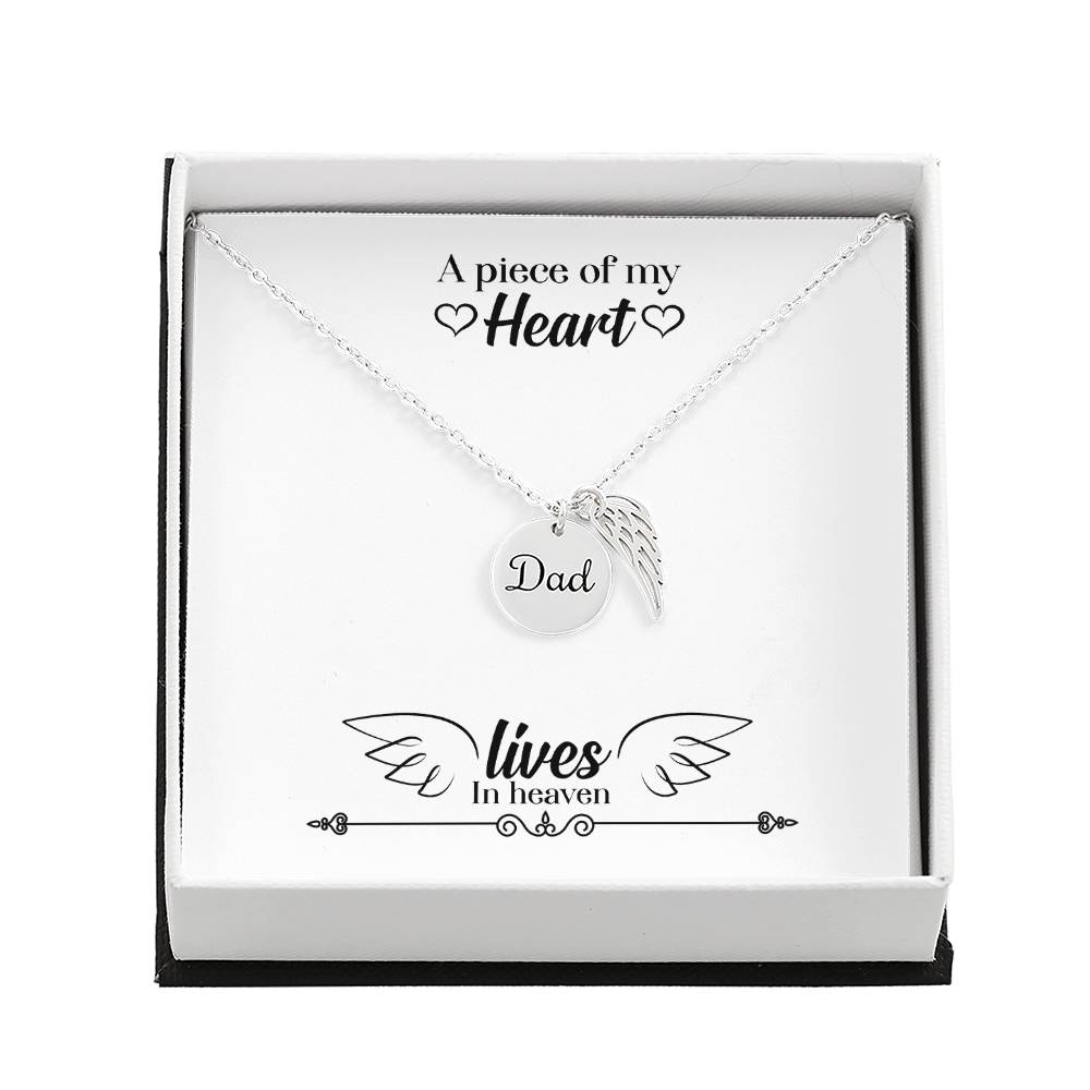 A Piece of My Heart Lives in Heaven Remembrance Necklace for Dad Angel Wing Charm Stainless Steel or 18k Gold Finish-Express Your Love Gifts