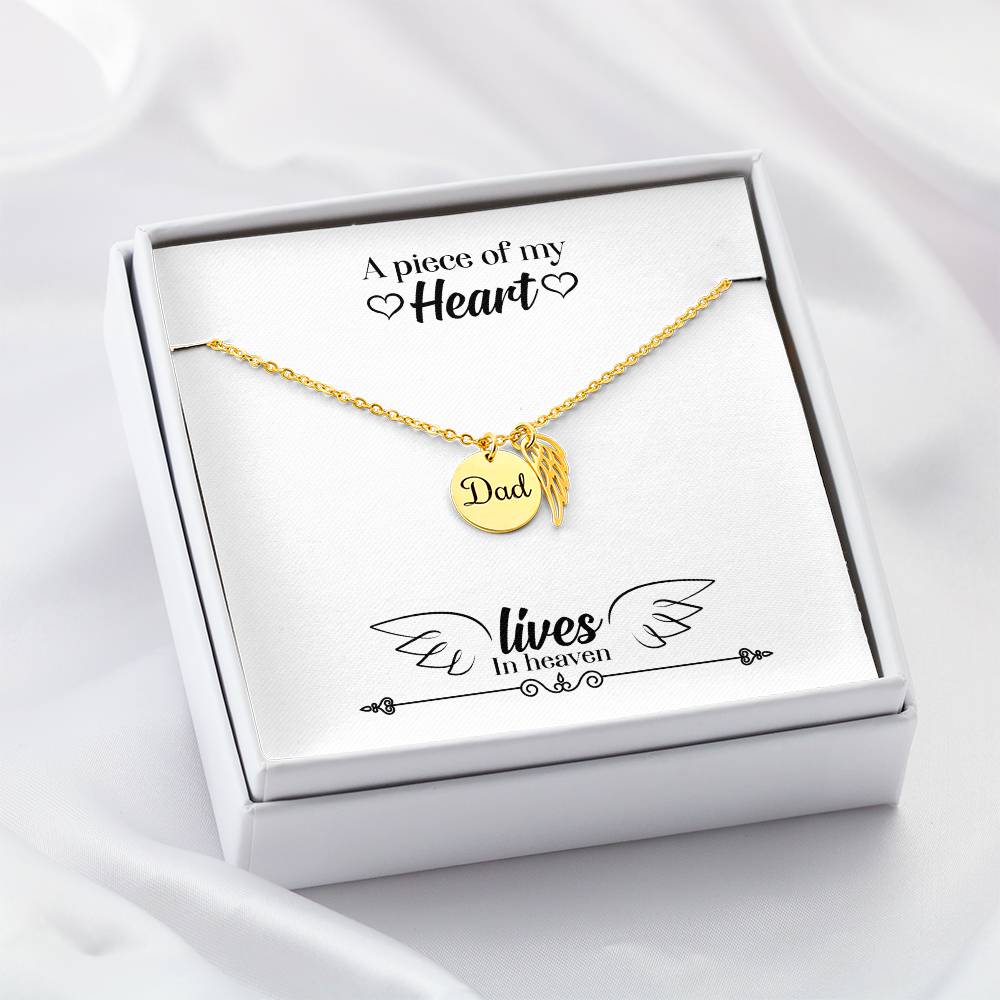 A Piece of My Heart Lives in Heaven Remembrance Necklace for Dad Angel Wing Charm Stainless Steel or 18k Gold Finish-Express Your Love Gifts