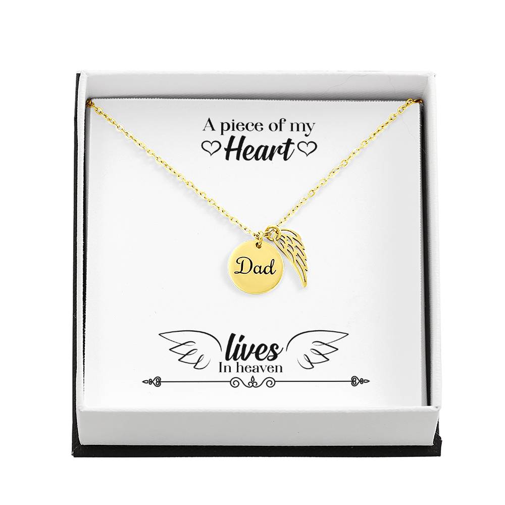 A Piece of My Heart Lives in Heaven Remembrance Necklace for Dad Angel Wing Charm Stainless Steel or 18k Gold Finish-Express Your Love Gifts