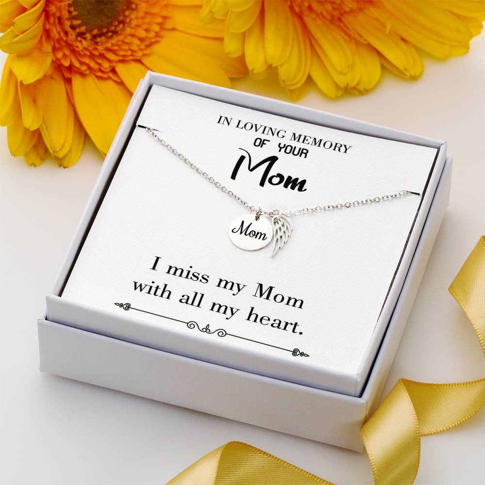 With All My Heart White Mom Remembrance Necklace Angel Wing Charm, Stainless Steel 18-22'' Chain-Express Your Love Gifts