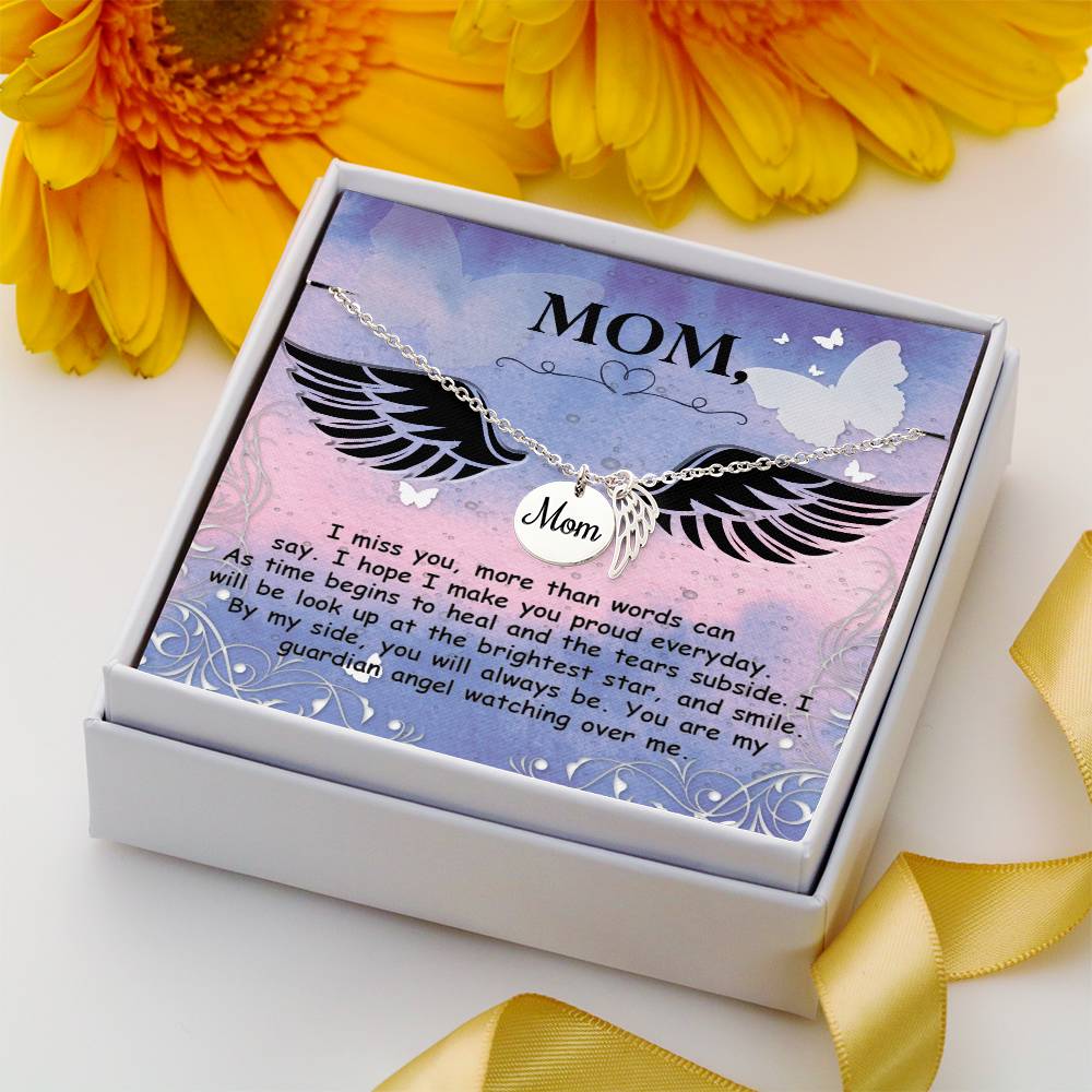 I Miss You More Than Mom Remembrance Necklace Angel Wing Charm, Stainless Steel 18-22'' Chain-Express Your Love Gifts