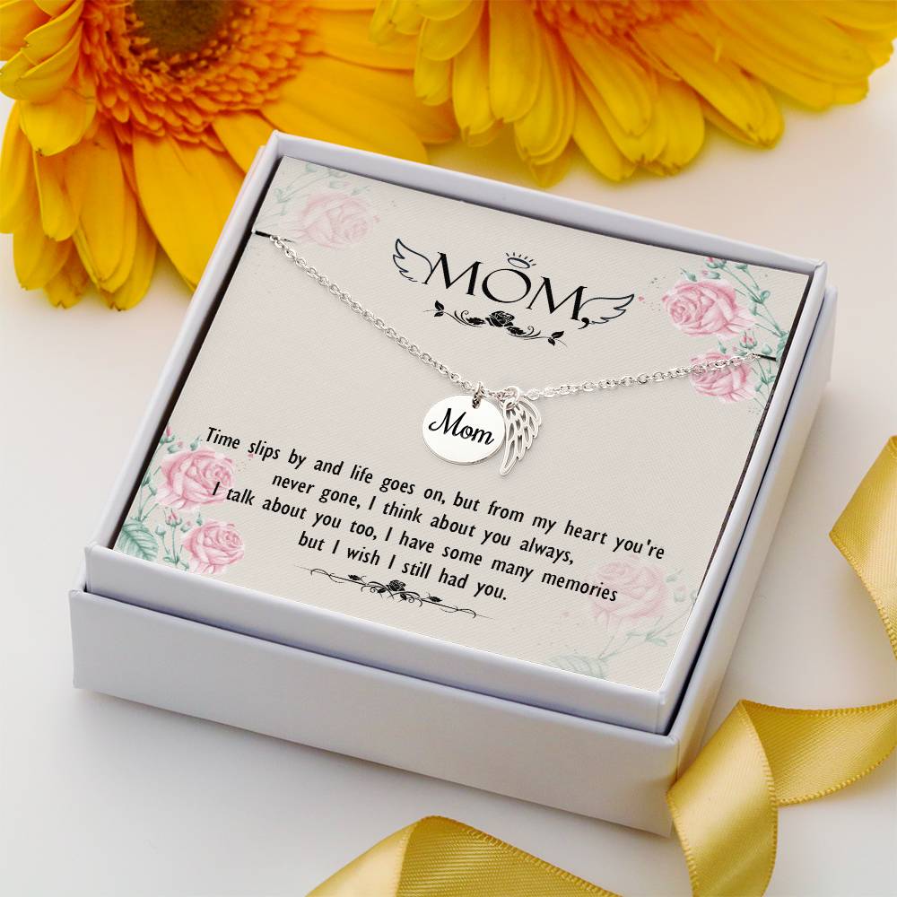 Time Slips By Mom Remembrance Necklace Angel Wing Charm, Stainless Steel 18-22'' Chain-Express Your Love Gifts