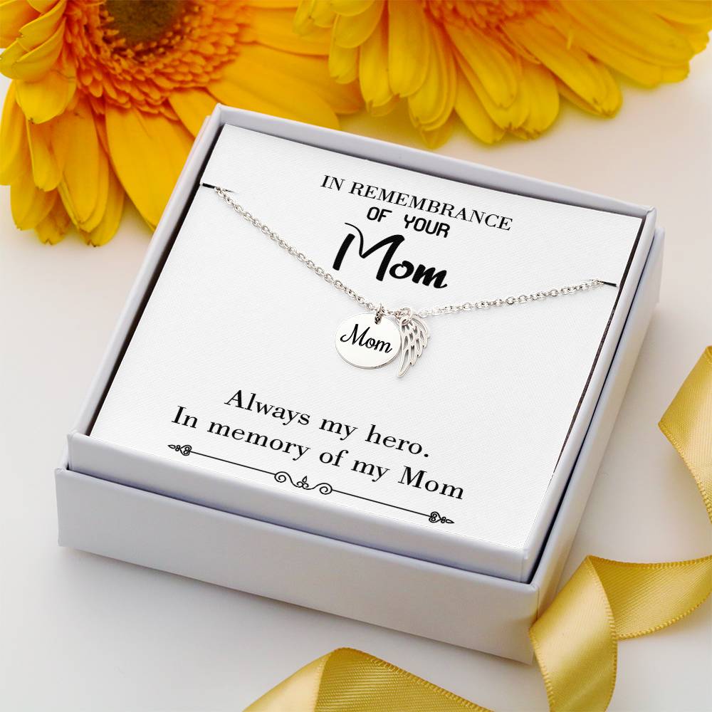 Always My Hero White Mom Remembrance Necklace Angel Wing Charm, Stainless Steel 18-22'' Chain-Express Your Love Gifts