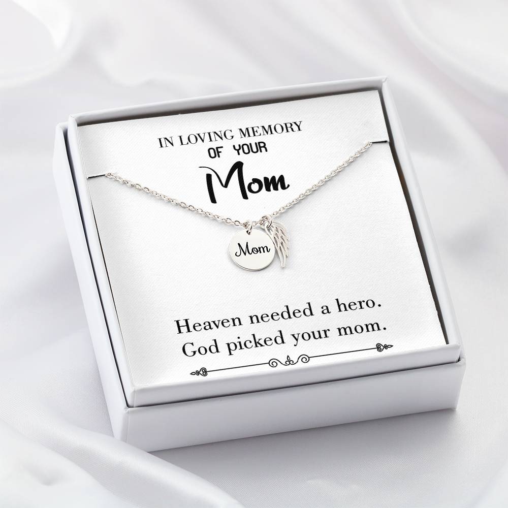 God Picked Mom White Mom Remembrance Necklace Angel Wing Charm, Stainless Steel 18-22'' Chain-Express Your Love Gifts