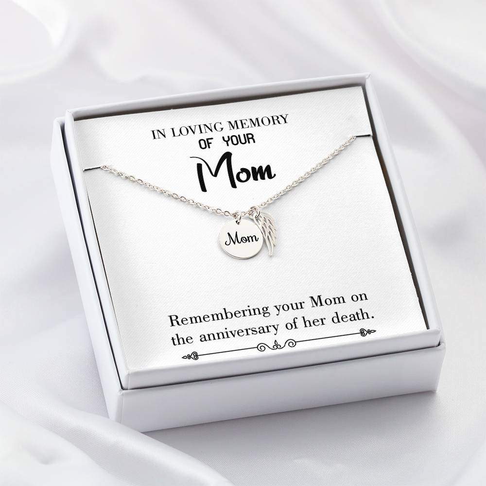 Mom Death Anniversary White Mom Remembrance Necklace Angel Wing Charm, Stainless Steel 18-22'' Chain-Express Your Love Gifts