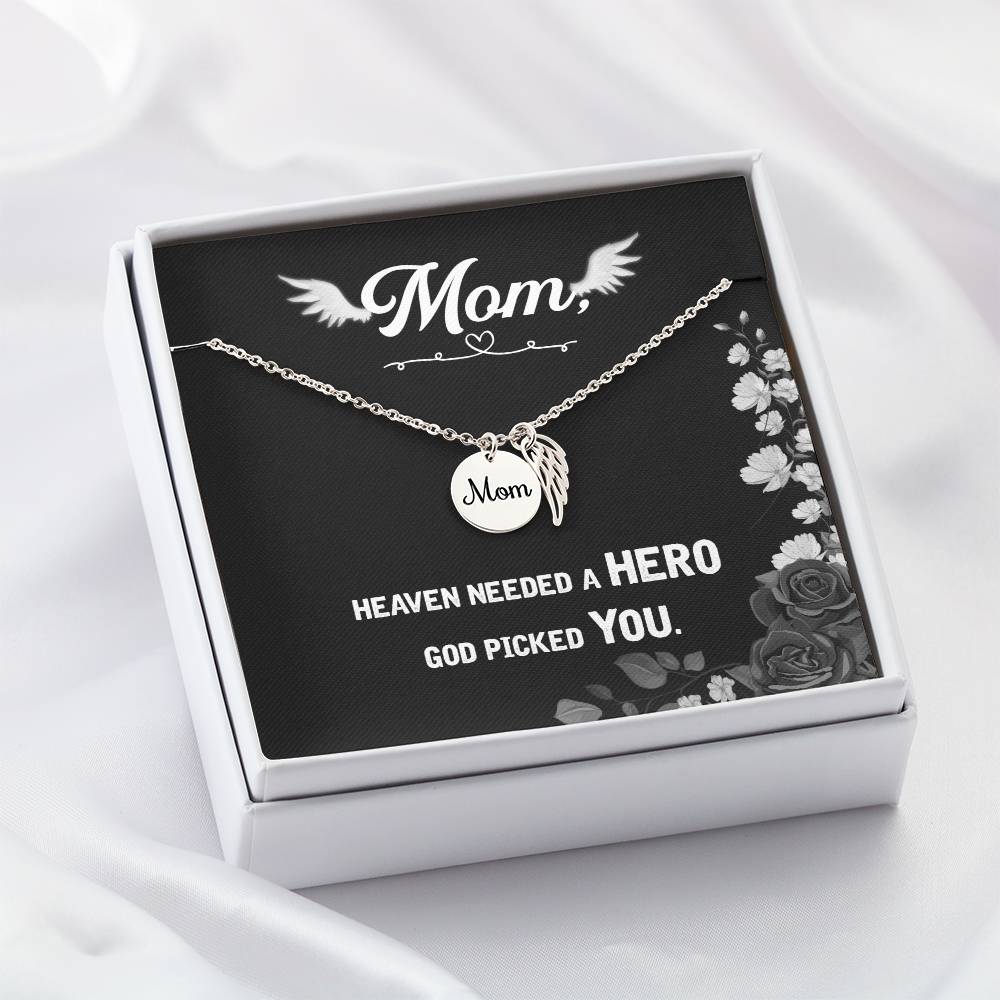 Heaven Needed A Hero Mom Remembrance Necklace Angel Wing Charm, Stainless Steel 18-22'' Chain-Express Your Love Gifts