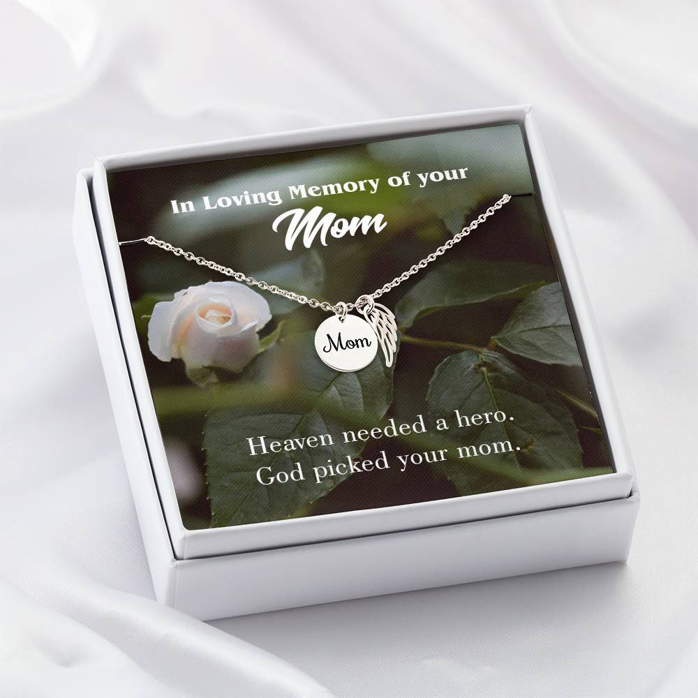 God Picked Mom Mom Remembrance Necklace Angel Wing Charm, Stainless Steel 18-22'' Chain-Express Your Love Gifts