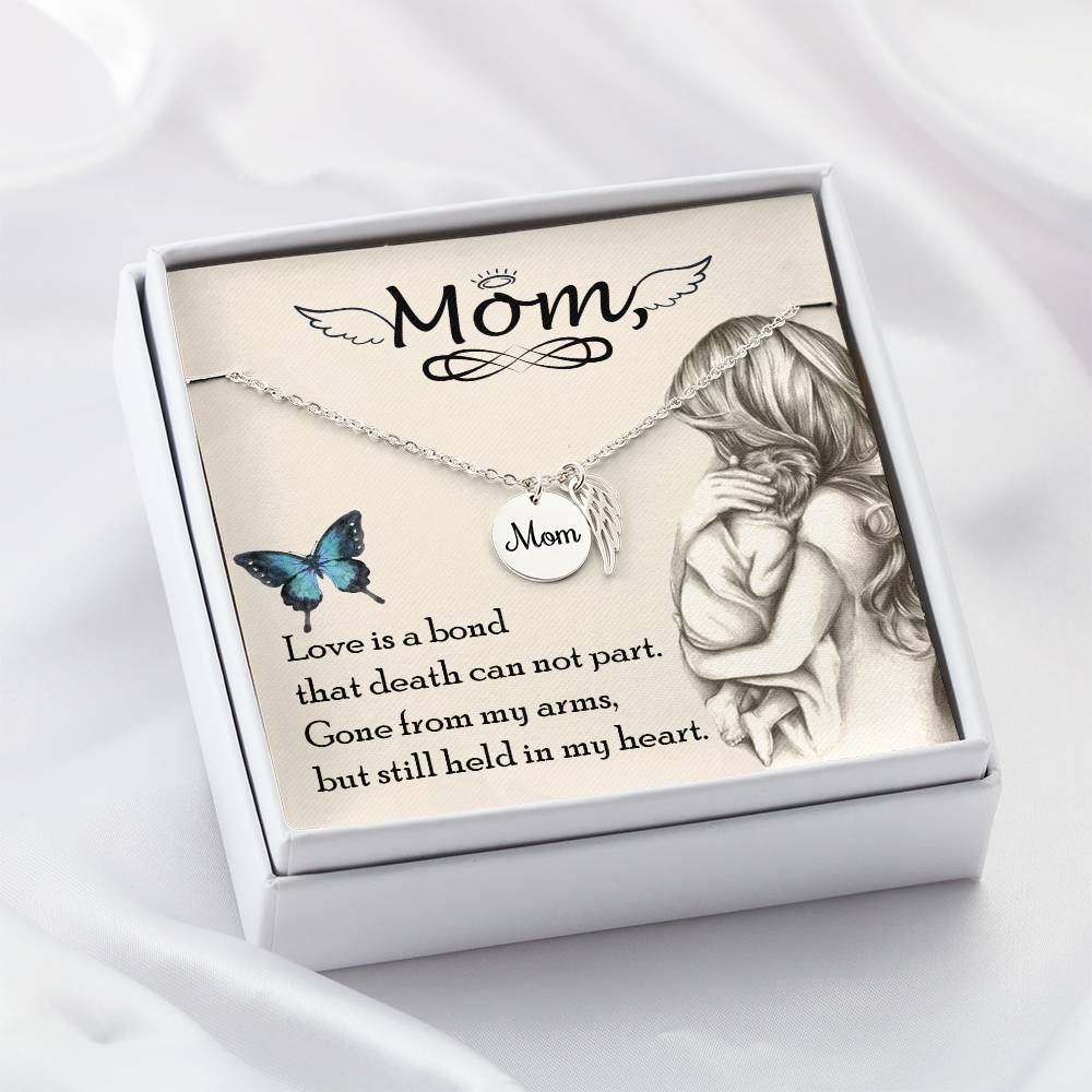 Love Is Bond Mom Remembrance Necklace Angel Wing Charm, Stainless Steel 18-22'' Chain-Express Your Love Gifts